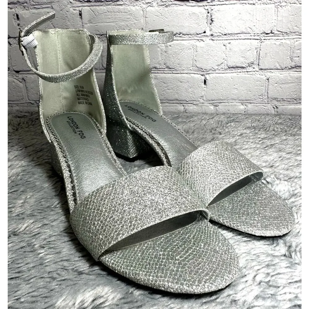 London Fog Nikki Silver Glitter Ankle Strap Block Heels 6.5M Bling Pumps Wedding